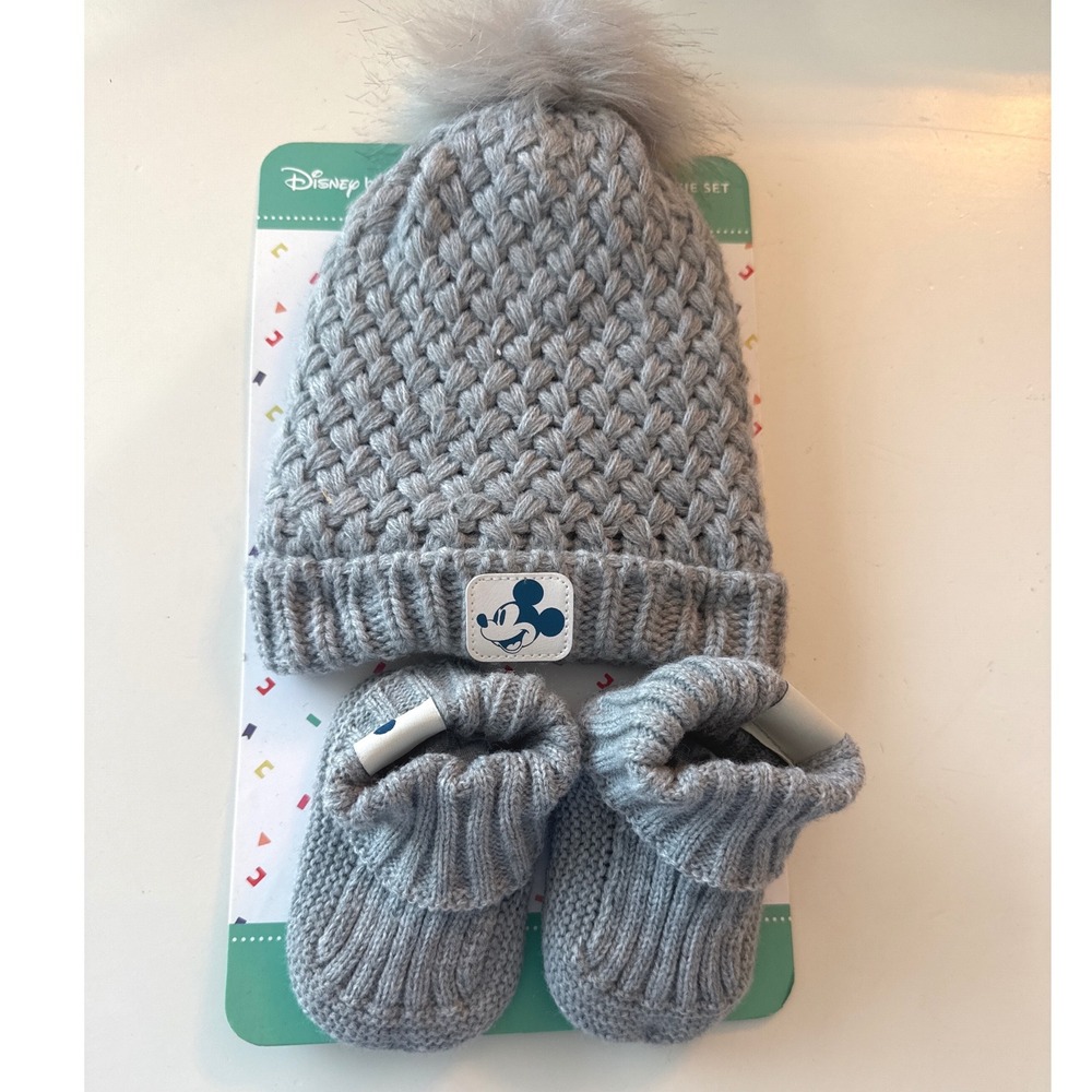 Disney Baby Mickey Mouse knit beanie matching booties set faux-fur pom-pom NWT